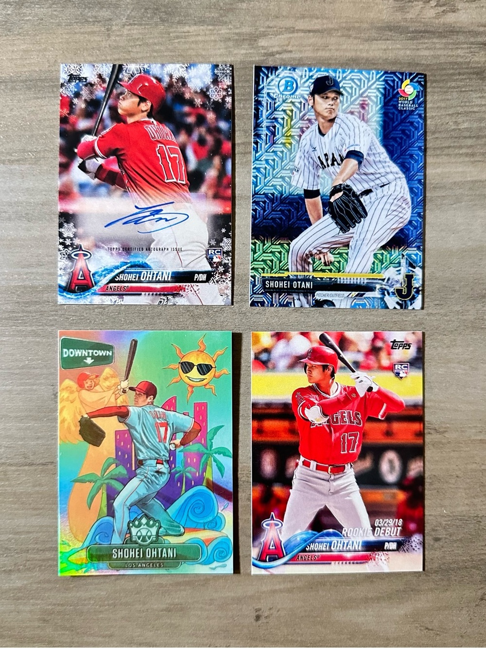 Shohei Ohtani Signed Rookie Lot of (4) Downtown Topps Novelty Baseball Cards.